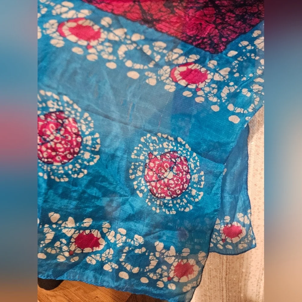 100% Pure Silk Batik Scarf Wrap – Made in India Blue Pink Boho